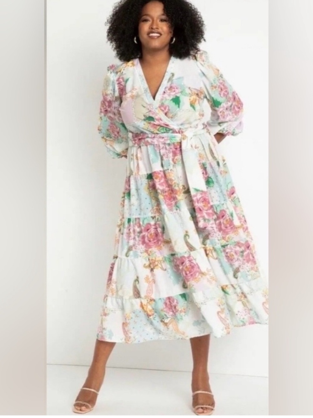 Eloquii Floral Long Sleeve Faux Wrap Midi Dress Size 20 NWT